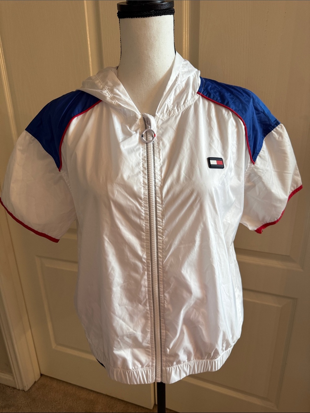Tommy Hilfiger-  White, Blue & Red Hooded Bomber Windbreaker - Size Medium